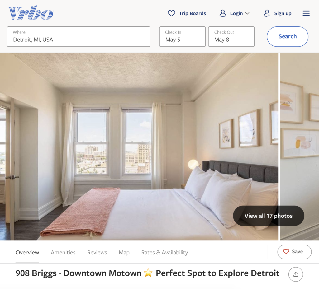 Vrbo listing for Downtown Motown, one of the Detroit short-term rentals