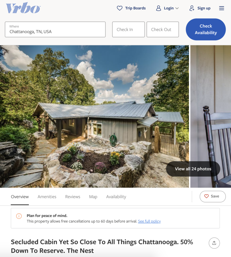 A Vrbo listing for a Chatanooga vacation rental