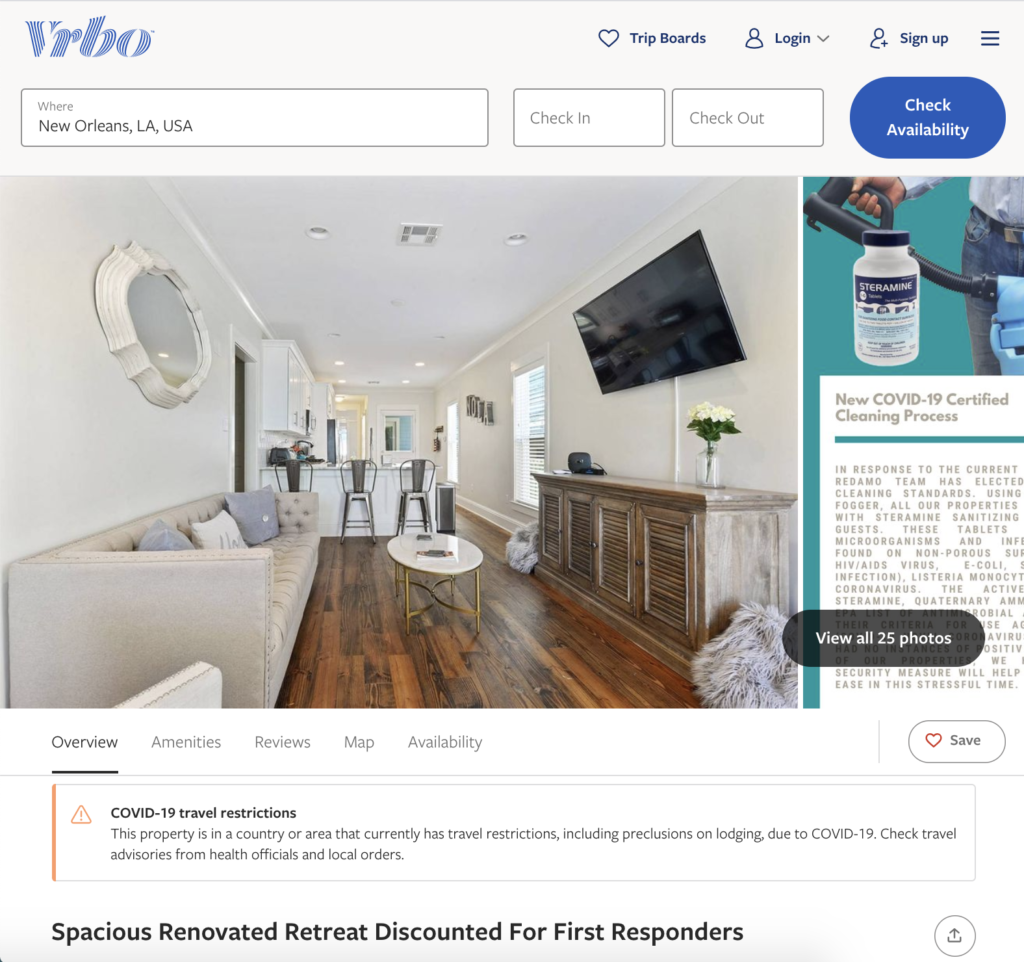A Vrbo listing of a short-term rental that serves first responders