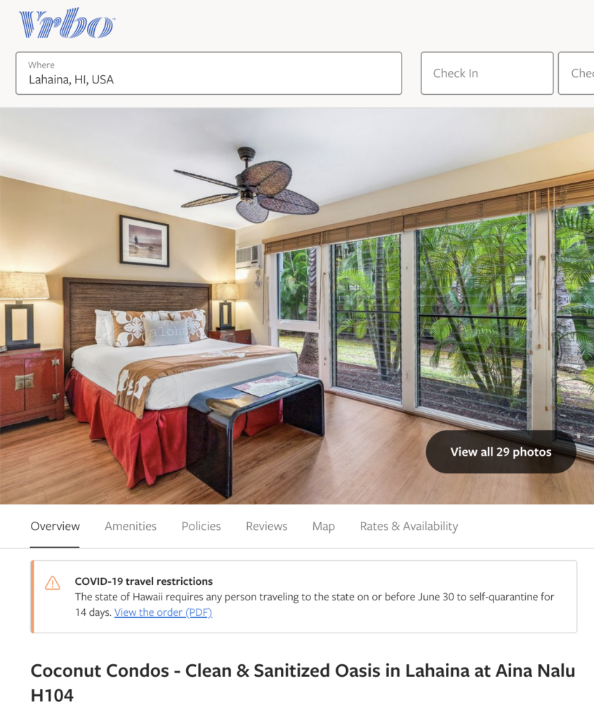 Covid-19 listing on Vrbo