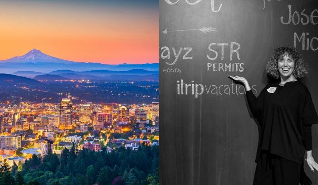 Left: Skyline of Portland, Oregon at twilight. Right: Melissa Wright - STR Permits