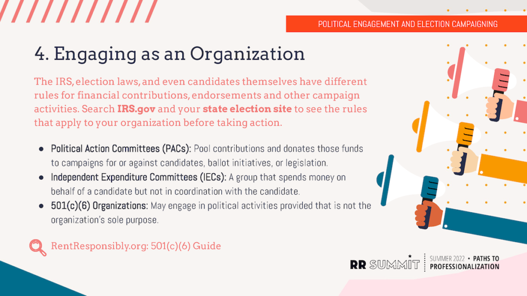 Important things to know about engaging politically as a short-term rental organization, including political action committees, independent expenditure committees, and 501(c)(6) trade associations.