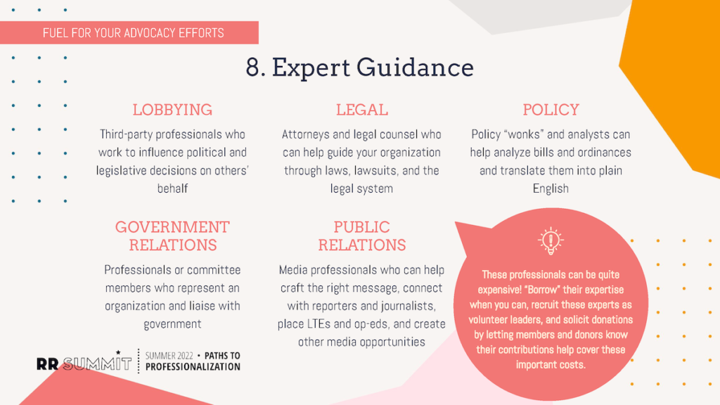 Professional expertise your short-term rental alliance might need, including PR, lobbying, legal representation, policy work, and more.