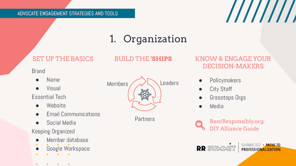 The basic essentials for organizing a short-term rental alliance or coalition: brand, technology, organization, membership, leadership, partners, decision-makers.