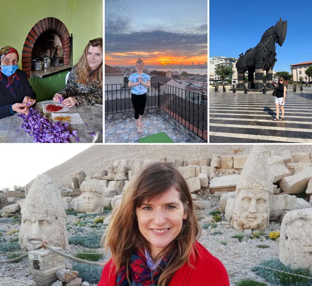 Paris's adventures in Turkey. From top left: Participating in the saffron harvest in Safranbolu; Doing yoga on a rooftop overlooking Istanbul at sunset; Visiting the Troy Horse Statue in Canakkale; Exploring Mount Nemrut in Adiyaman