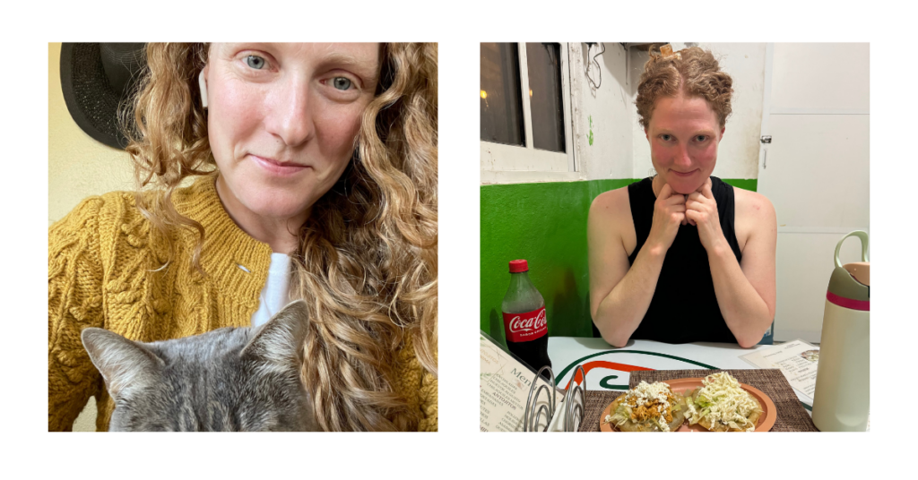 Danielle with her cat and traveling 